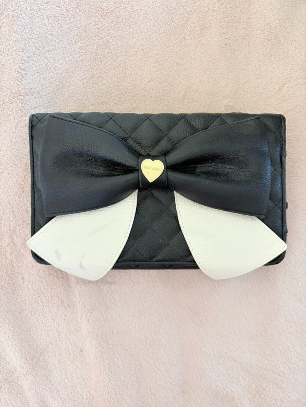 Betsey Johnson Small Black White Bow Quilted PU Wallet Bag MISSING STRAP